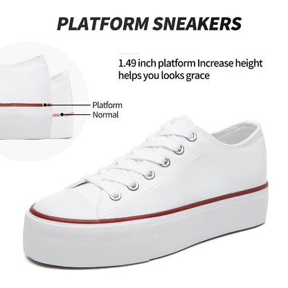 Women's White Platform Sneakers Low Top Platform Shoes Lace Up Canvas Shoes for Women(White,US8)