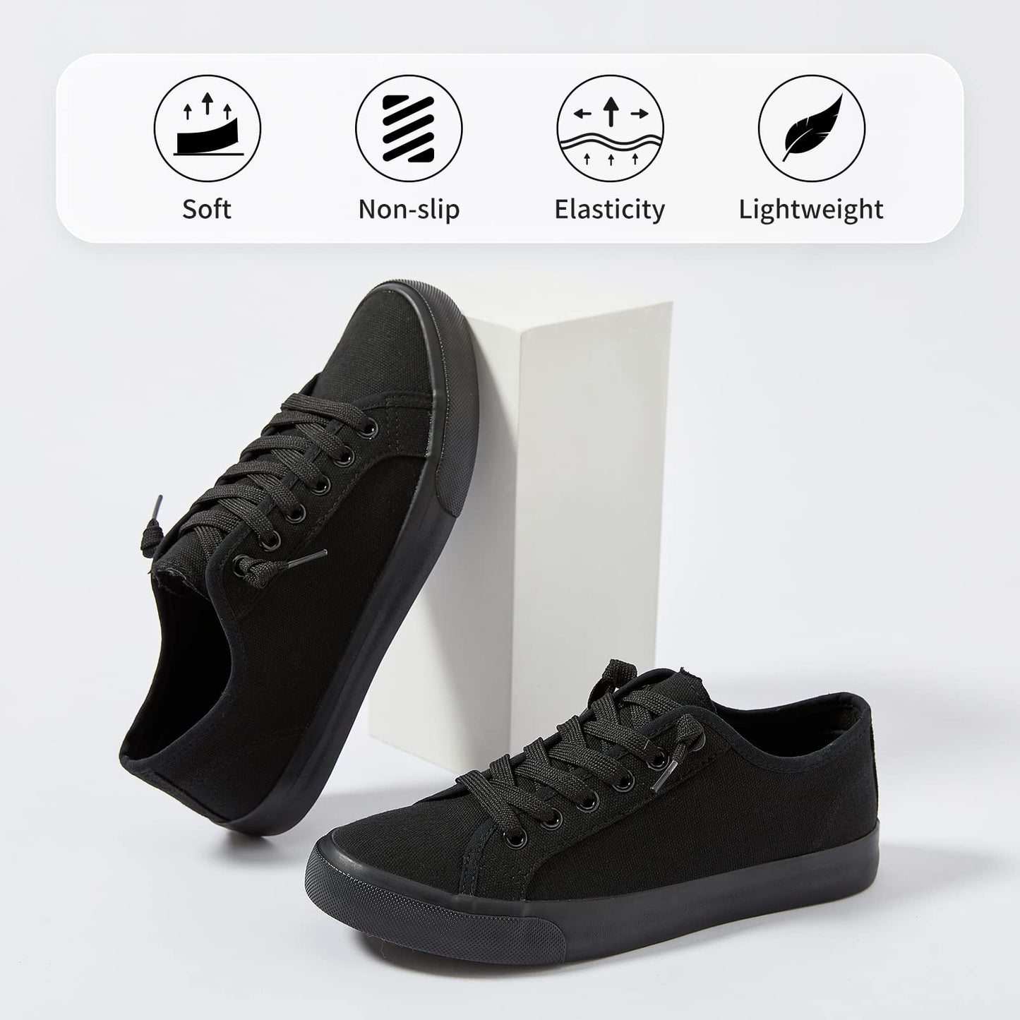 Women Canvas Sneaker Slip On Non Slip Casual Shoes Lace Up Canvas Low Top White Shoes Loafers for Women Fashion Black Sneaker（Full Black.US7）