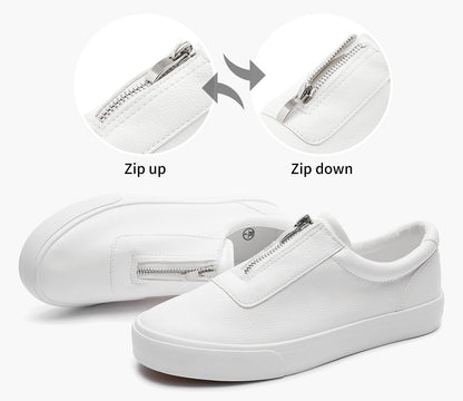 Women's PU Leather White Shoes Slip on Sneakers Casual Walking Shoes Fashion Sneakers Slip on Tennis Shoes Zipper(S.White, US8)