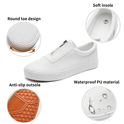 Women's PU Leather White Shoes Slip on Sneakers Casual Walking Shoes Fashion Sneakers Slip on Tennis Shoes Zipper(S.White, US8)