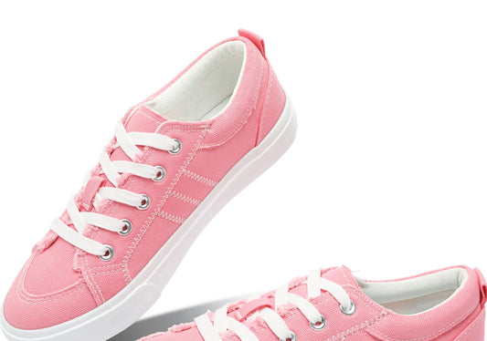 Women Canvas Fashion Sneakers Cute Lace up Canvas Shoes Low Top Washed Canvas Flat for Lady(Pink,US6)