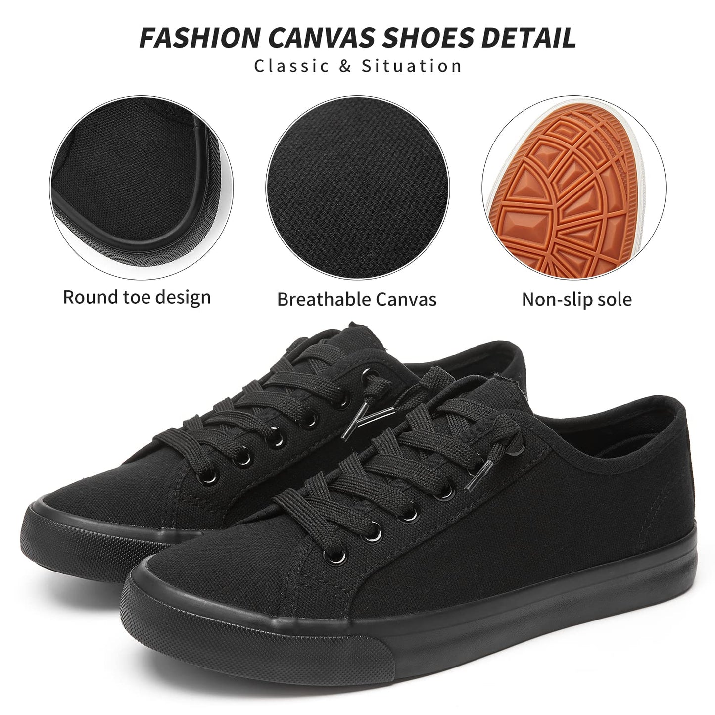 Women Canvas Sneaker Slip On Non Slip Casual Shoes Lace Up Canvas Low Top White Shoes Loafers for Women Fashion Black Sneaker（Full Black.US7）